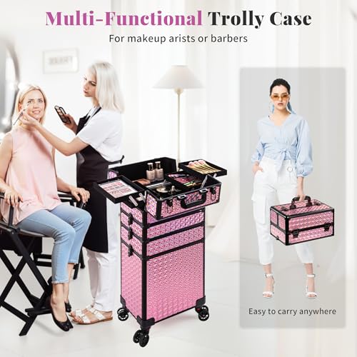 AROUS 5 in 1 Rolling Makeup Train Case with Lid Cosmetology Case on Wheels - color: Pink