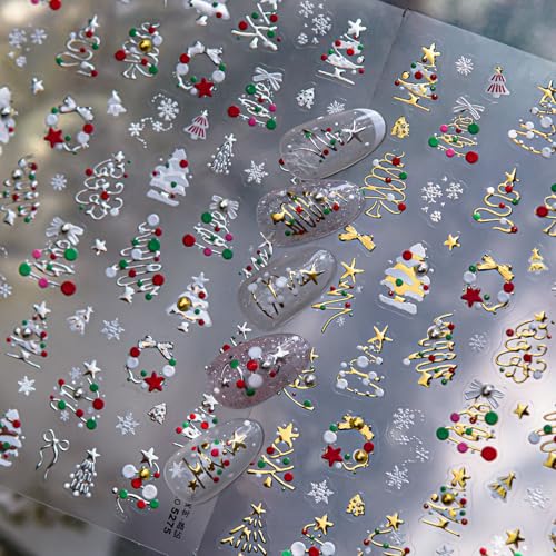 1 Sheet Christmas Nail Art Stickers Golden Xmas Tree Nail Decals with Rhinestone Star Bow Christmas Tree Nails Design Winter Xmas Nail Design Nail Supplies for Women DIY Holiday Manicure Decorations - style: christmas lines