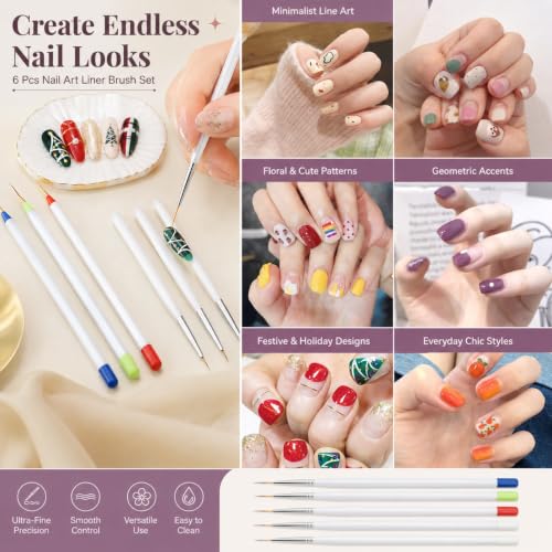 6Pack Nail Art Liner Brushes, Fine Detail Striping Tools for Gel Polish