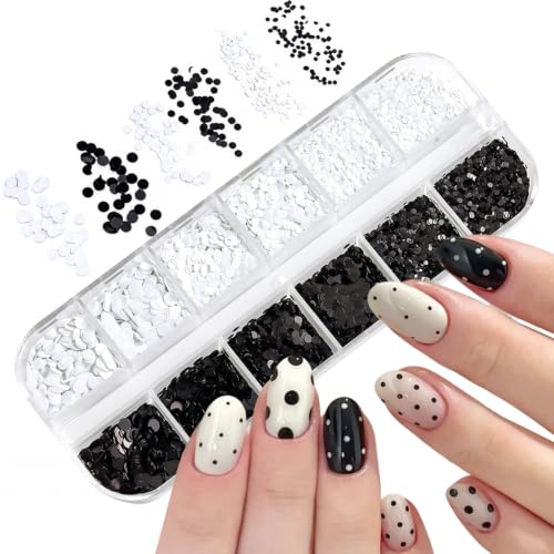 12Grid Polka Dot Nail Sequins, 3D Black White Round Dot Nail Glitter Flakes Mixed Size Mini Circle Charms Tiny Round Sequins for French Retro DIY Manicure Salon Nails Art Decorations