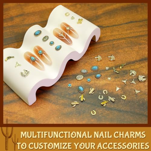 61 Pcs Western Turquoise Nail Charms 3D Metal Cowboy Cowgirl Nail Gems Charms Turquoise Bull Head Horseshoe Western Charm Stickers for DIY Nails Art Phone Case Crafts Rodeo Concert Outfits J - color: Gold