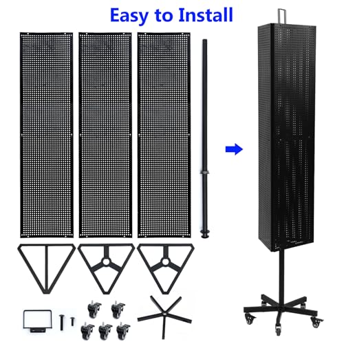 NectaCol Triangular Metal Pegboard Panels Display with Base and Pole, Black Pegboard Display Stand with Wheels, Jewelry Display Rack, Art Display Stand, Extra 20 pieces Hooks
