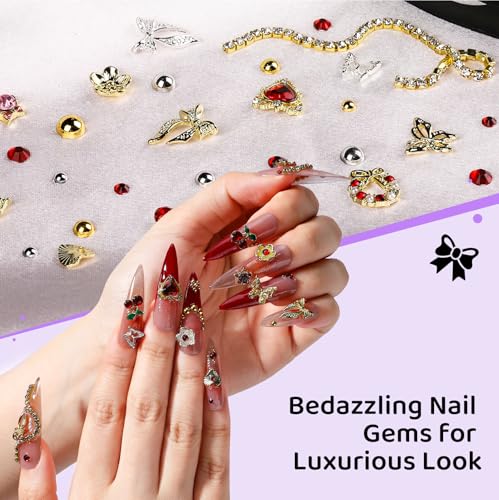 FAMDAMEI 24 Grid Nail Charms, Bedazzling Kit with Multi Shapes Cute Nail Charms and Gems, Colorful Bedazzling Gems Nail Rhinestones Kit, 3D Mermaid Starfish Shell Flower Gold Silver Pearls for DIY - color: blue mermaid starfish/red pink gem/colorful butte