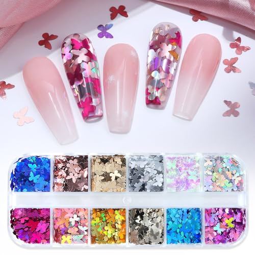 1 Box 12 Color Holographic Butterfly Nail Glitter Laser Silver Nail Sequins 3D Red Gold Nail Flakes Sparkly Powder Flakes Shiny Nail Glitter Colorful Nail Sequins Glitter for Nails Art 12 Grids - color: Color 44