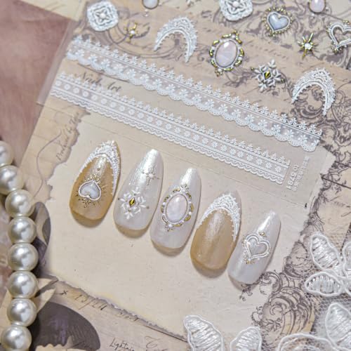 1 Sheet Vintage Frame Nail Stickers 5D Embossed White Lace Nail Decals Star Heart Nails Supplies Teardrop Shape Gem Nail Designs Lace French Tip Nail Art Stickers for Women DIY Manicure Decoration - color: Vintage