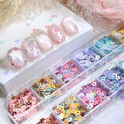 Spring Mini Flower Nail Art Glitter Sequin 12Boxes Cute Colorful Flower Nail Flake Decals 3D Holographic Five-Petaled Flower Nails Glitter Nail Art Supplies for Women Manicure Spring Nail Decorations - color: Five-Petaled Flower