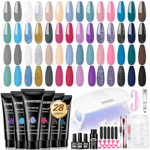 JEWHITENY Poly Gel Nail Kit 28 Colors Nude Gray Glitter with Nail Lamp Base Top Coats Builder Gel All-In-One Set Ideal for Designs DIY At Home Need U V Lamp Curing - color: F05