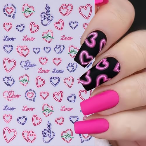 5Pcs Valentine's Nail Art Stickers Rose Heart Flower Nail Stickers 3D Self-Adhesive Love Heart Nail Decals Purple Pink Hollow Heart Nail Design Valentines Nails Supplies for Women Wedding Manicure - style: heart flower