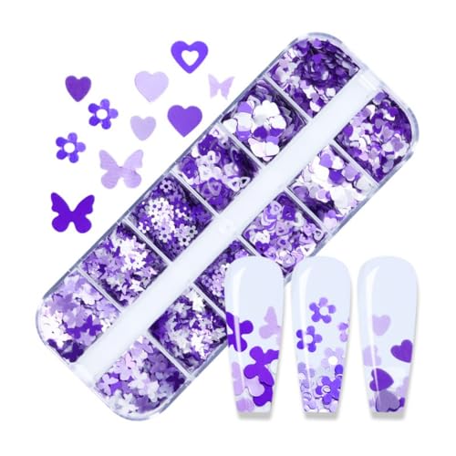 1 Box 2 Color Holographic Hearts Flower Nail Glitter Purple Nail Sequins 3D Butterfly Nail Flakes Sparkly Powder Flakes Shiny Nail Confetti Hollow Chunky Glitter for Nails Art 12 Grids - color: Color 25