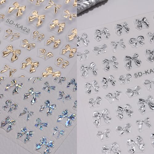 5D Embossed Bow Nail Stickers 4PCS Metalic Gold Silver Bow Charms - color: Chrome