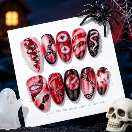 30pcs Halloween Press on Nails Gothic Red Black Eye Spider Web Fake Nails - color: Halloween Press on Nails 14