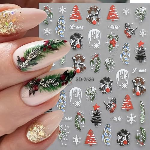 Christmas Nail Stickers, 5D Embossed Holly Leaf Nail Decals Snowflake Elk Lights Bell Xmas Tree Winter Nail Design Holiday Nail Art Decoration for Women Girls(5Sheets) - style: Holly Leaf