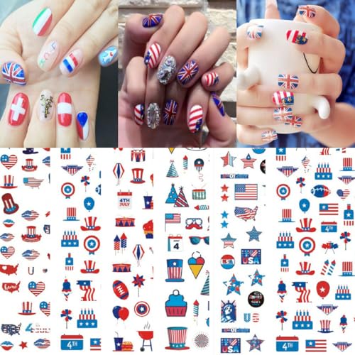 10Pcs 4th of July Nail Stickers Patriotic Nail Decals Independence Day Nail Art Stickers American Flag Stars Eagle Fireworks Heart Nail Design Supplies Memorial Day DIY Nail Decoration for Women Girls - style: independence day-1