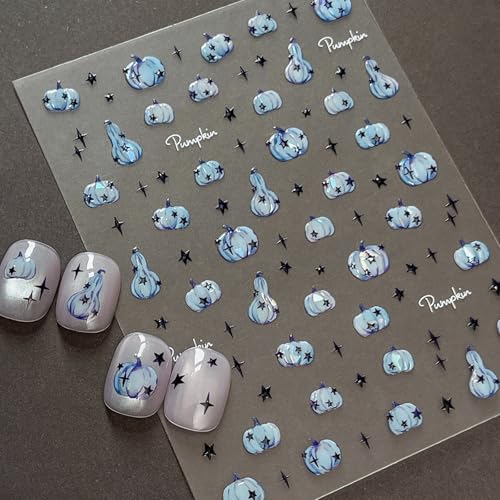 Halloween Nail Stickers for Nail Art Blue Pumpkin Halloween Fingernail Nail Art Stickers Black Stars 5D Embossed Nail Decals 3D Self-Adhesive Nails Supply Manicure Sliders for Nail Decoration - color: Halloween Style12