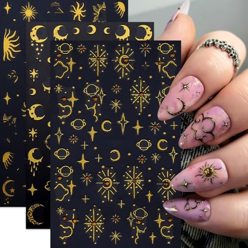 6 Pcs Gold Star Nail Stickers for Nail Art,Self-Adhesive Red Diamond Star Moon Nail Decals Star Moon Sun Pegatinas Uñas Cute Stars Nail Design Stickers Nail Art Supplies for Women Nail Decorations - style: gold star