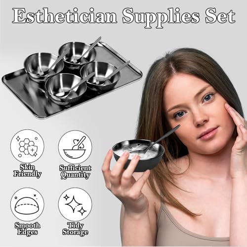 9 PCS Black Esthetician Supplies 4 Black Facial Bowls Esthetician 4 Facial Mixing Spoons Facial Mask Mixing Bowl Large Stainless Steel Skincare Tray Esthetician Spoons for Skin Care Face Mask - color: Black