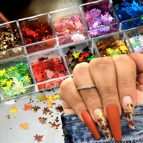 1 Box 12 Color Holographic Fall Leaf Nail Glitter Hexagonal Nail Sequins 3D Maple Nail Flakes Laser Aurora Gradient Glitter Flakes Iridescent Nail Art Glitter Shiny Nail Sequins Glitter for Nail Art - color: YHN25