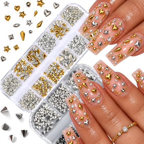 2Boxes 18Grids Mixed Pointed Cone Nail Charms Nail Art Rhinestones Set - color: Grey