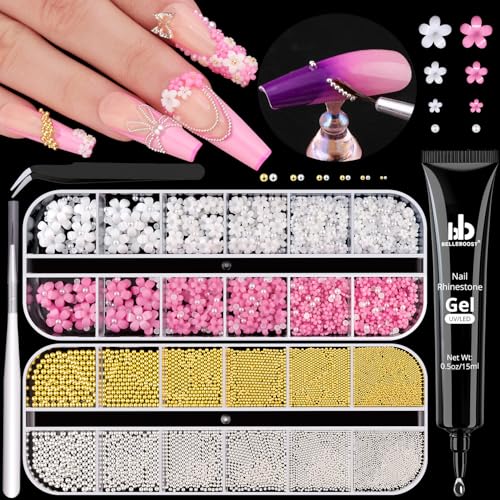 Nail Beads and 3D Flowers Nail Charms for Nails Flatback Pearls - color: 16 2 Boxes Nail Art Decos Set 8+Glue