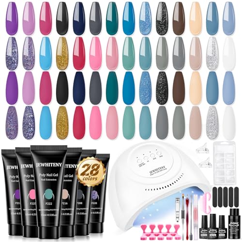 JEWHITENY 28 Colors Poly Nail Gel Kit with Base Top Coat Purple Blue Yellow Nude Pink Glitter Shades Quick-Dry for Beginners DIY Need U V Lamp Curing - color: F04