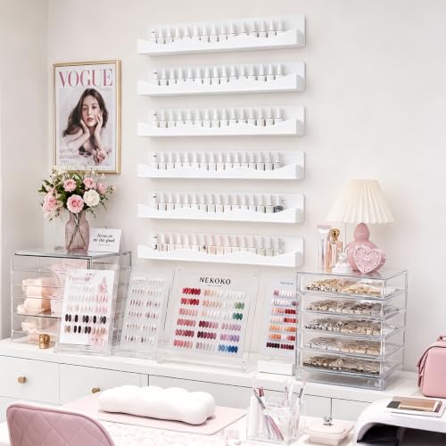 15" Nail Polish Wall Rack 6 Pack, Wall Mounted Organizer Holds 66+ Bottles - color: White-standard