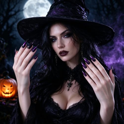 30PCS Halloween Cat Claw Press on Nails - Purple Cat Eye Stiletto - color: Style-02