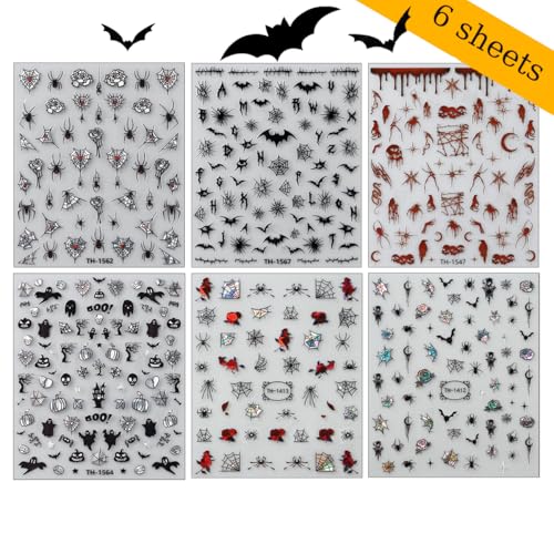 6 Sheets Halloween Nail Art Stickers Self Adhesive Horror Goth Nail Decals Bat Spiders Rose Spider Web Skull Ghost Nails Design Supplies Halloween Nails Decoration for Women Manicure Accessories - style: spider web bat