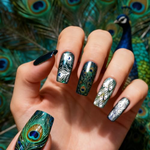 PH PandaHall 3pcs Peacock Nail Stamping Plates Chinese Pattern Nail Art Plates Cloud Geometric Nails Image Plates Feathers Flowers Manicure Design Stamp for Women Manicures Salon DIY Printing Gift - style: Peacock