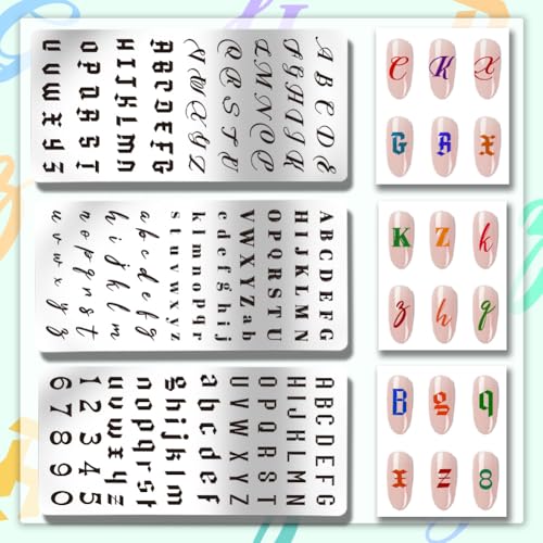 PH PandaHall 3PCS English Letter Nail Stamp Plate Personalized Letter Print Nail Stencils Stainless Steel Nail Template for English Alphabet Number Nail Art Design Image Plate 4.7x2.4 inches