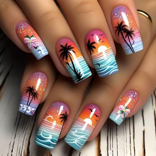 Beach Press on Nails Medium Length Fake Nails Summer False Nails Full Cover Hawaii Style with Glitter designs Acrylic Nails Gel Glue on Nails for Women Square Stick on Nails Decor 24pcs - color: style11