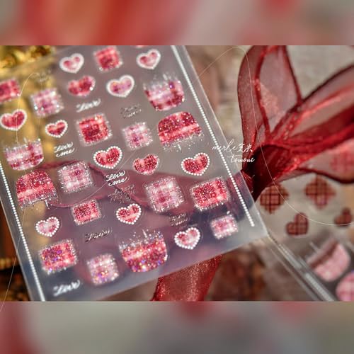 Love Letter Nail Stickers 5D Embossed – Premium Salon-Quality Self-Adhesive Nail Wraps, Tweed Warm Wine Red & Gold Sparkle Heart Designs, Easy Application for DIY Manicure, Press On, Home or Salon Use - color: Love Letter
