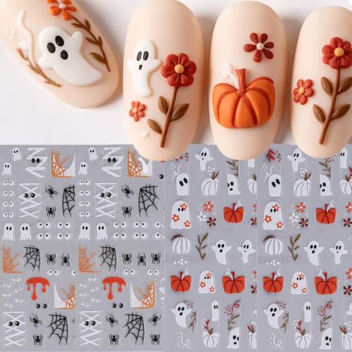 Halloween Ghost Nail Art Stickers Cute Cartoon Pumpkin Ghost Nail Art Decals 4 Sheets 3D Embossed Self-Adhesive Stickers Spider Flower Nail Design for Women Halloween Nail Supplies Nail Decorations - color: Halloween Style2