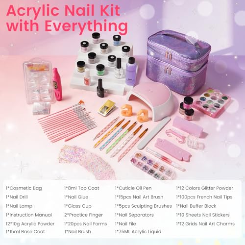 Acrylic Nail Kit for Beginners with Everything in Purple Gift Storage Bag - color: Bling Purple
