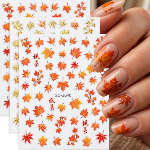 3D Fall Nail Stickers, Maple Leaf Autumn Nail Decals for Nail Art, 3 Sheets - color: Multicolor-03