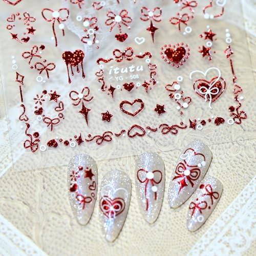 1 Sheet Valentines Nail Stickers for Nail Art Red Heart Nail Stickers 5D Self-Adhesive Embossed Bow Hearts Nail Decals Valentines Day Nail Decorations Star Bow Nail Design Nail Supplies for Women - style: red bow