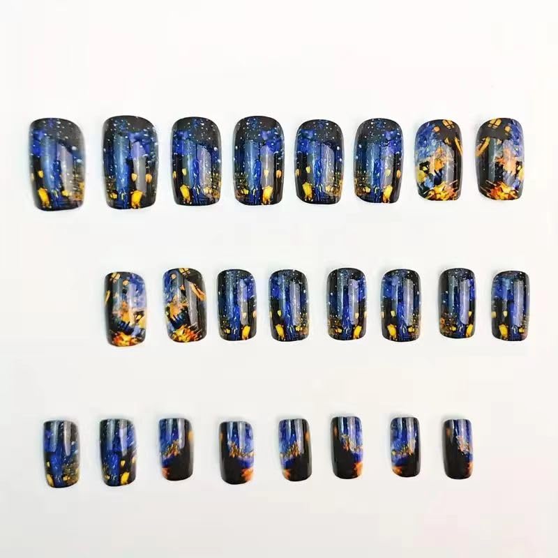 24Pcs Press on Nails Halloween Short Colorful Halation Fake Nails Full Cover Glossy Reusable Square False Nails for Women Blue Halloween Glue on Nails Holiday Manicure Kit - color: Halloween style 33