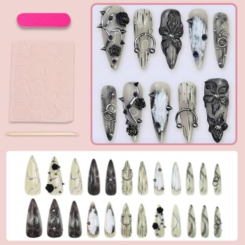 24Pcs Gothic Press on Nails Long Stiletto Floral Fake Nails with 3D Black Rose Metal Piercing Spikes Beads Design Punk Style Acrylic Nails Y2K Almond False Nails Goth Flower Glue on Nail for Women - color: style06