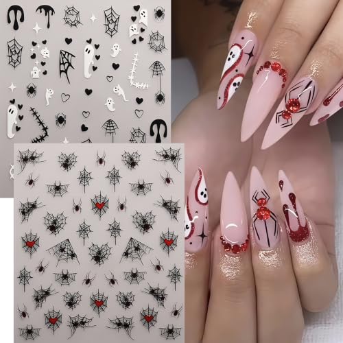 8 Sheets Halloween Glow in The Dark Nail Art Stickers 3D Self-Adhesive Luminous Ghost Heart Spider Web Nail Decals Gothic Skull Spider Pumpkin Supplies Nails Decoration for Women Manicure Accessories - style: fluorescent ghost
