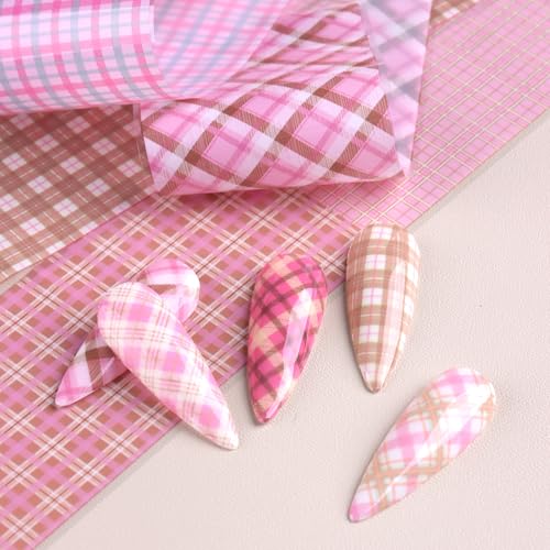 10 Rolls Plaid Nail Art Transfer Foil Pink Plaid Checkered Designs - color: Pink Plaid
