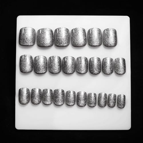 Glittering Silver Press on Nails Short Square, Silver Fake Nails Kit, Fashion Glossy Acrylic Short Press on Nails, Natural Stick on Nails, Thick Reusable Glue on Nail for Women, 24Pcs - color: B19-Glittering Silver