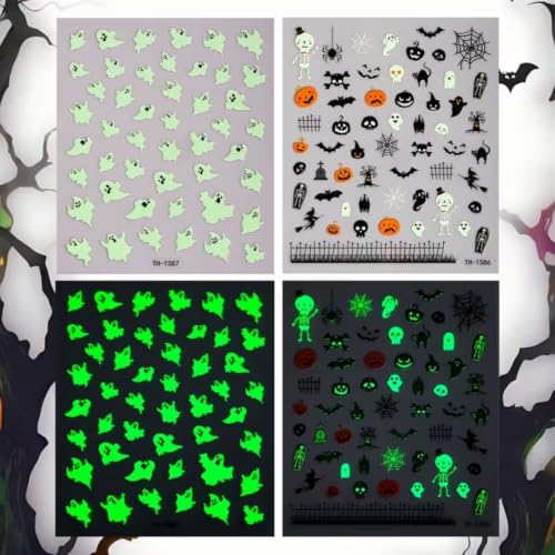 Glow in the Dark Halloween Nail Art Sticker Pumpkin Spider Web Nail Sticker 6Pcs 3D Self-Adhesive Pumpkin Bat Ghost Bone Nails Decals Cat Nail Supplies Accessories for Halloween Manicure Decoration - color: Glowing Ghost