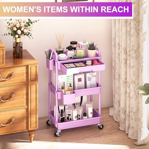 Goovilla 3 Tier Rolling Utility Cart Organizer with Removable Drawer,Purple - size: 3 Tier, style: Purple