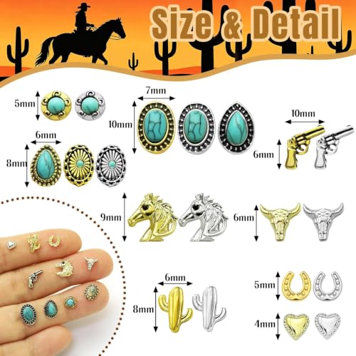 61 Pcs Western Turquoise Nail Charms 3D Metal Cowboy Cowgirl Nail Gems Charms Turquoise Bull Head Horseshoe Western Charm Stickers for DIY Nails Art Phone Case Crafts Rodeo Concert Outfits S - color: Gold and Silver 64pcs
