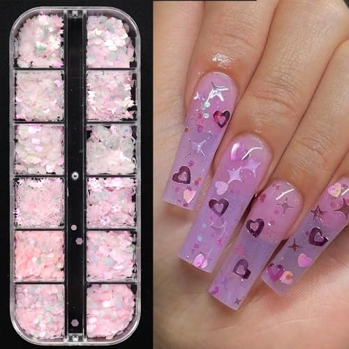Spring Flower Nail Glitters Pink Glitter Cherry Blossom Heart Nail Sequins Set of 12 Boxes, Elegant Mini Floral Butterfly Nail Decor Accessories 3D Flower Nail Decals Holographic Glitters for Women - color: Cherry Blossom Heart