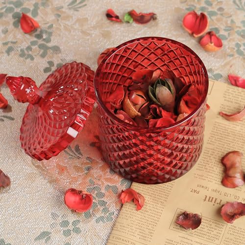 Joeyan 18 oz Red Glass Jars with Lid,Embossed Candy Dishes,Diamond Faceted Glass Food Container,Decorative Jewelry Box Canisters,Colored Kitchen Bathroom Storage Organizer,Gifts for Wedding Buffet - color: Red
