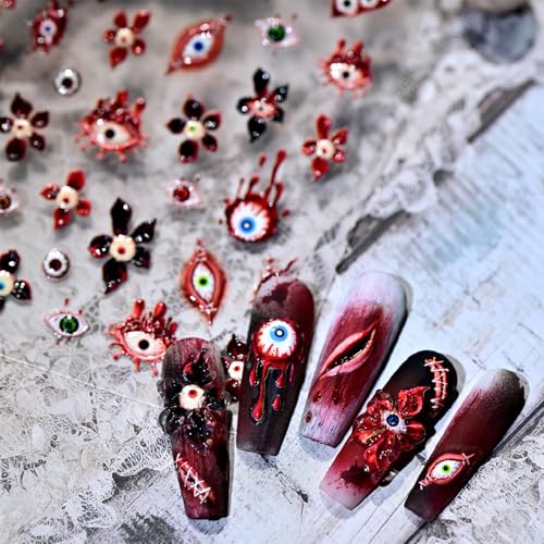Halloween Nail Stickers for Nail Art Scary Eyeball Flower Nail Art Stickers Eye Scar Blood Red 5D Embossed Floral Nail Decals Self-Adhesive Nails Supply Manicure Sliders Devil for Nails Decoration - color: Blood Eyeball Flower