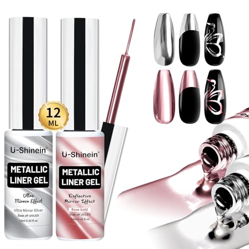 2x12ml Metallic Painting Line Gel,Art Gel Liner - color: Ultra Mirror Silver+Rose Glod
