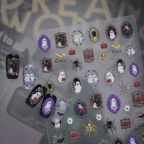 1 Sheet Halloween Nail Stickers 5D Self-Adhesive Embossed Ghost Nail Decals Vintage Ornate Frame Gilded Ghost Nail Designs Halloween Spider Floral Nail Supplies for Women DIY Manicure Decoration - color: Mirror Ghost