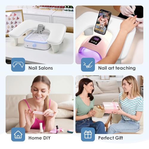 LIONVISON Arm Rest for Nails Tech: U Shaped Ergonomic Nail Hand Rest Stand PU Leather with Rotating Phone Holder for Nail Salon Manicurist (White) - color: White with Phone Holder