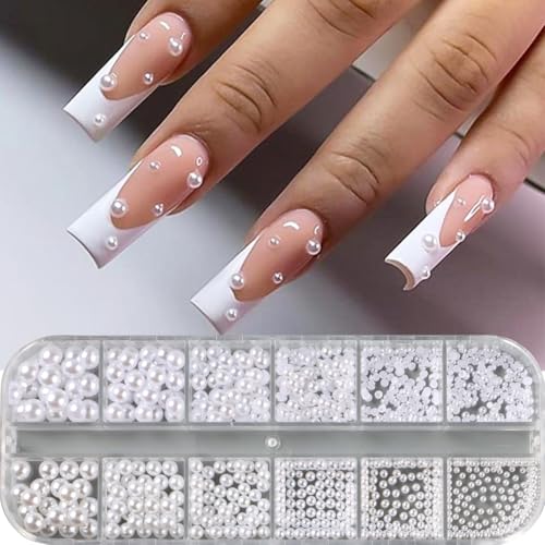 12 Grids White Pearl Nail Art Charms Multi Size Round and Half Round Pearls